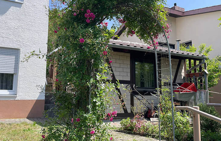 Blick auf die Rosen und das Gartenhaus